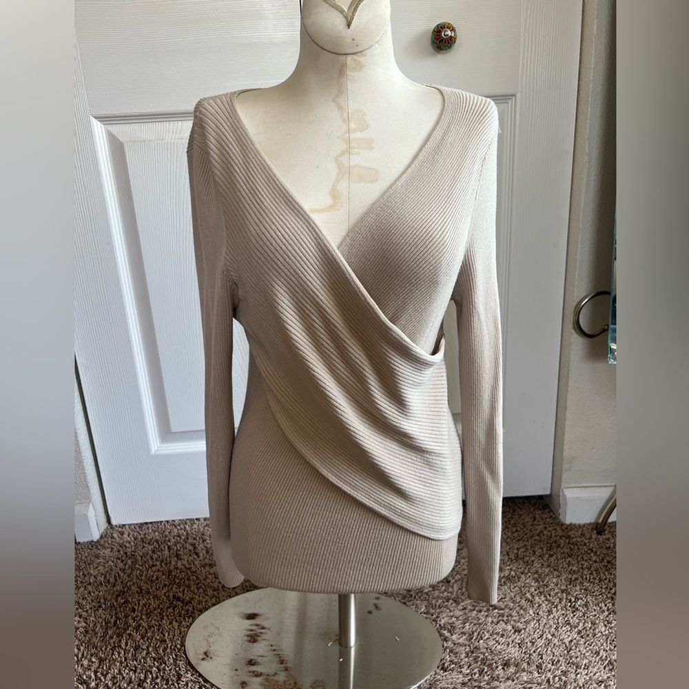 Astr The Label Cream Taupe Wrap-Front Ribbed V-Neck Sweater Classic Elegant